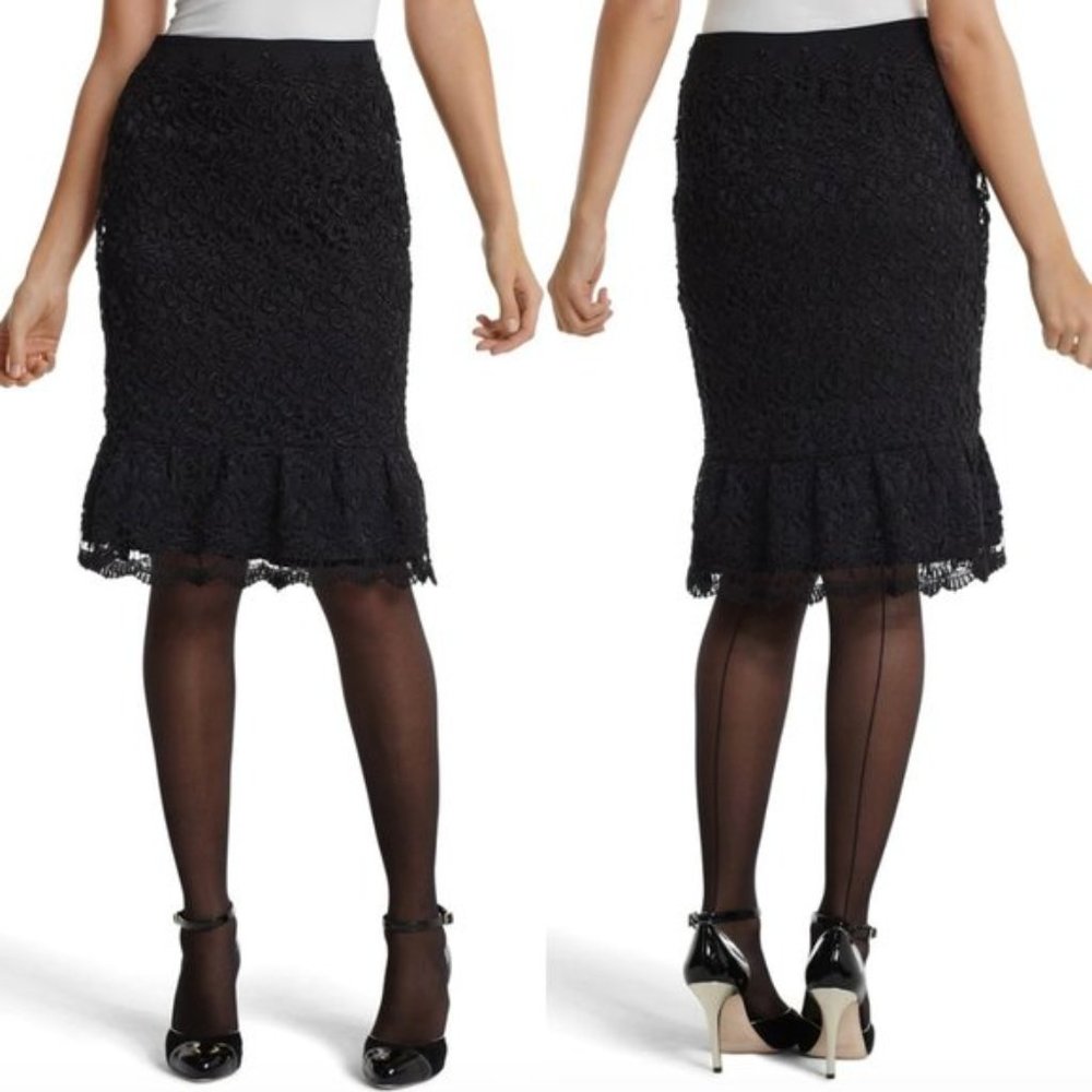 WHBM Black Lace Flounce Pencil Skirt EUC 6